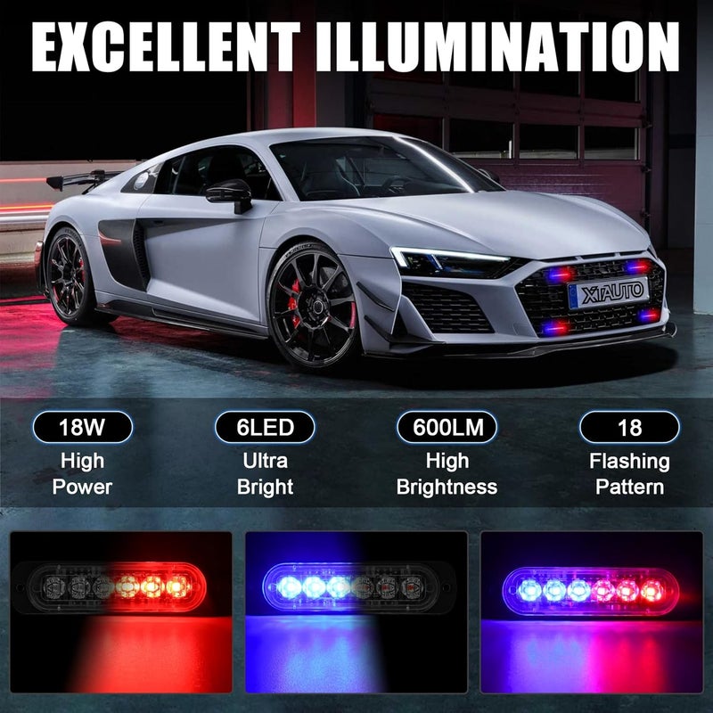 XTAUTO 10pcs LED Emergency Strobe Light, 6-LED Ultra Slim Surface Mount Flashing Warning Beacon Hazard Construction Caution Grille Light Bar for Truck Car Off Road Vehicles SUV ATV (Red Blue) - Image 2